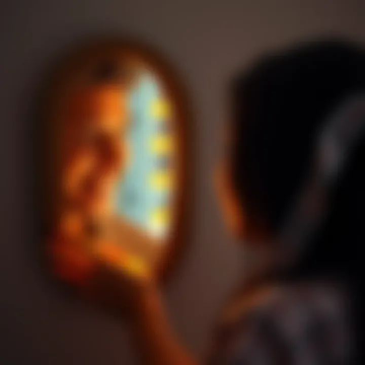 A person looking in a mirror, smiling and speaking positive affirmations to themselves.