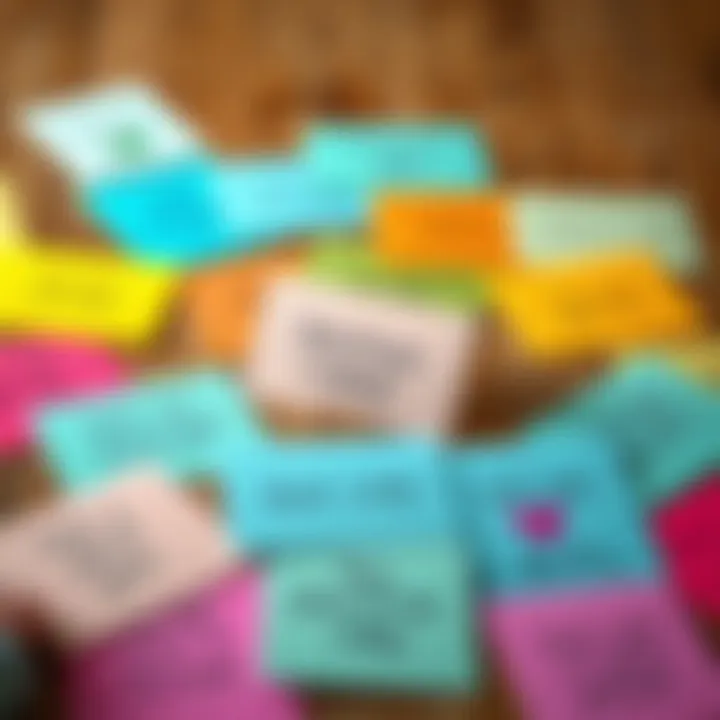 A colorful spread of positive affirmation cards on a wooden table, with one card standing upright.
