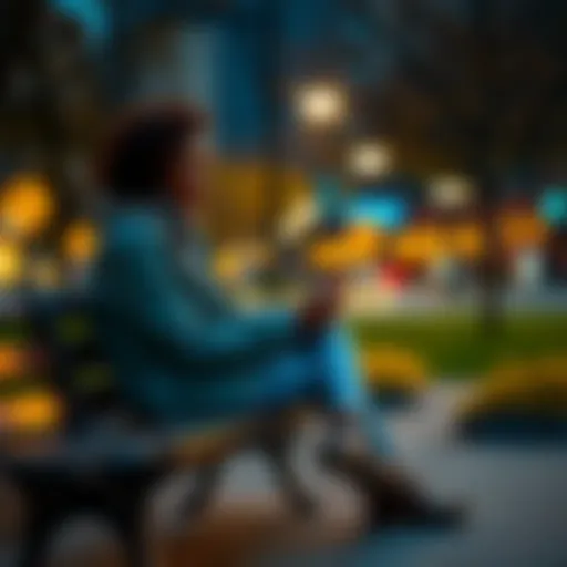 A person sending a positive message A person sitting alone on a bench, smiling while typing a message on a phone, spreading positivity.