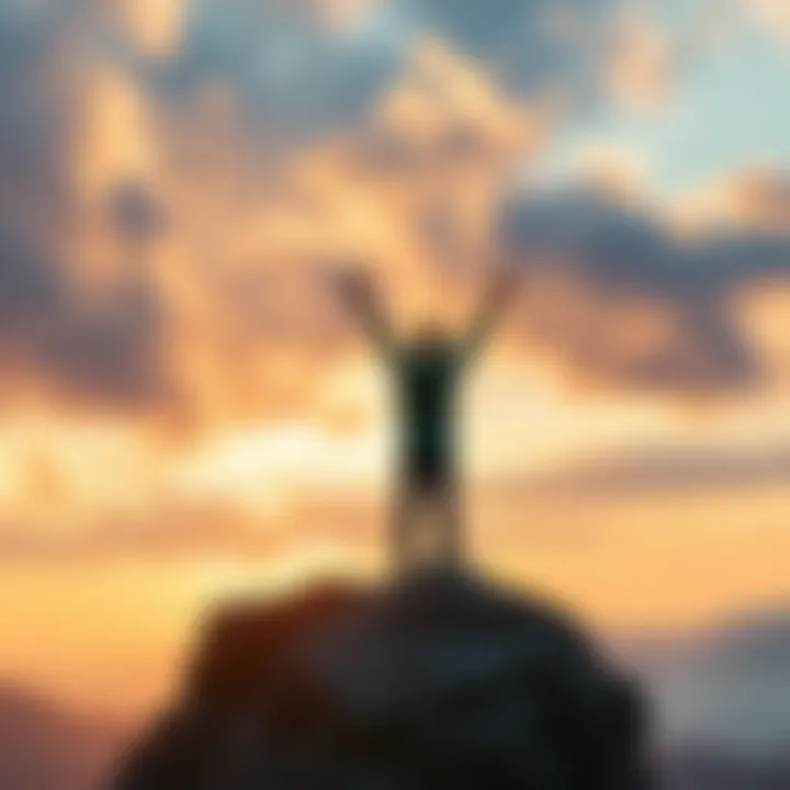 A person standing on a mountain top, arms raised in triumph against a cloudy sky, symbolizing resilience and positivity during challenges.