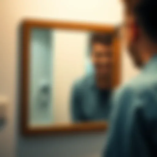 Individual standing in front of a mirror, smiling and showing a positive self-image