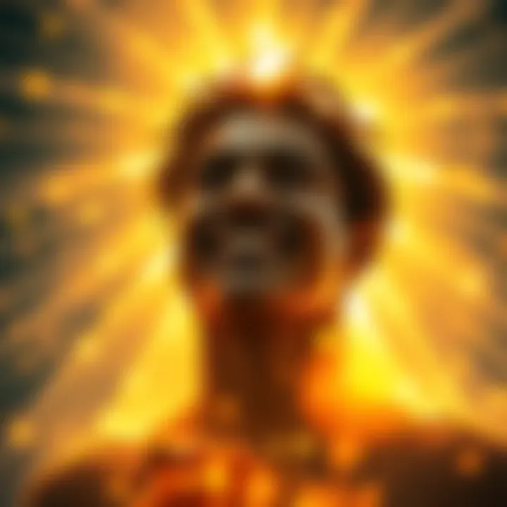 A person smiling and feeling connected, surrounded by bright light, symbolizing warmth and growth from Yeyizel and Raziel.
