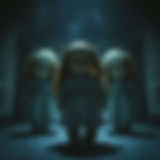 Three eerie dolls with haunting expressions levitate in a dimly lit room, creating an unsettling atmosphere.