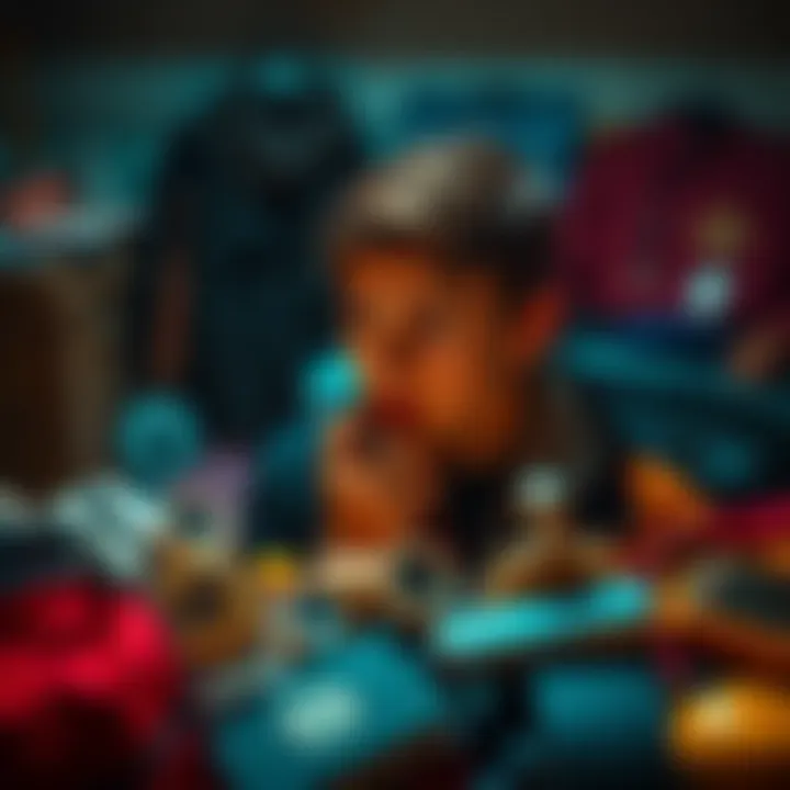 A person looking thoughtfully at a collection of personal belongings, symbolizing the need for possession and emotional security.