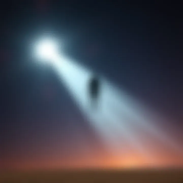 A bright light in the night sky with a shadowy figure seemingly being lifted upward, suggesting an alien abduction scene.