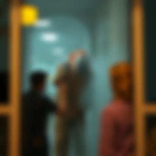 A reflection showing a figure resembling a clown in a window, with a couple looking on in surprise.