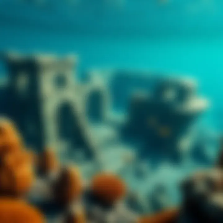 Possible Location of Atlantis An underwater view of ancient ruins that may be linked to Atlantis, with vibrant marine life around.
