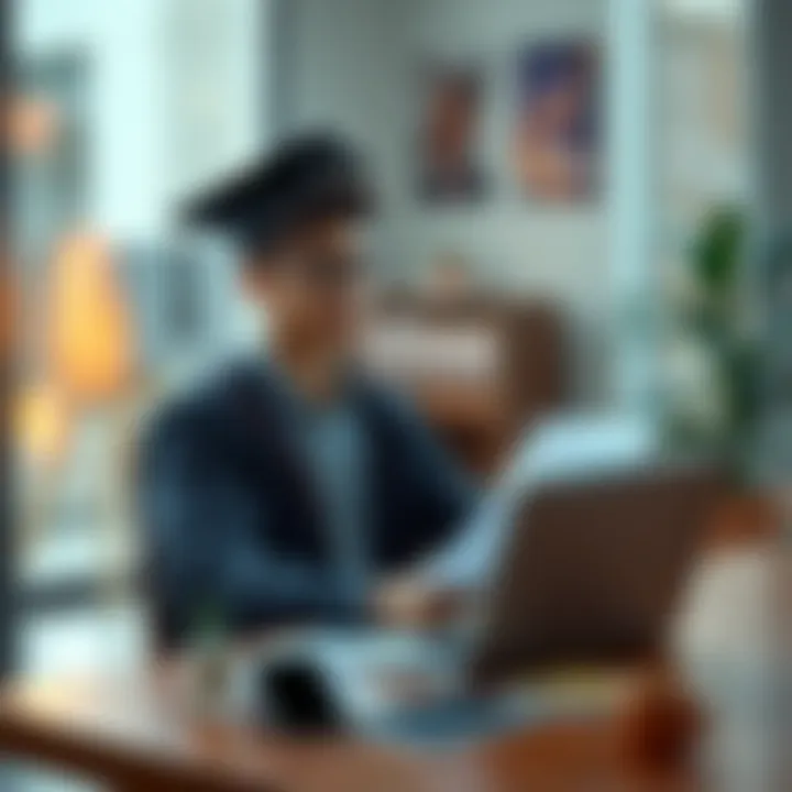 A young graduate sitting at a desk with a laptop, looking at a budget plan and financial documents, appearing thoughtful about money management.