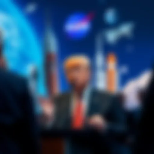 President Trump speaking at NASA with a backdrop of rockets and space imagery.