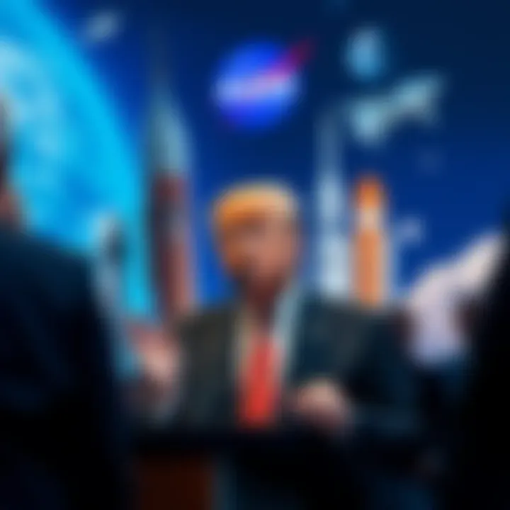 President Trump speaking at NASA with a backdrop of rockets and space imagery.