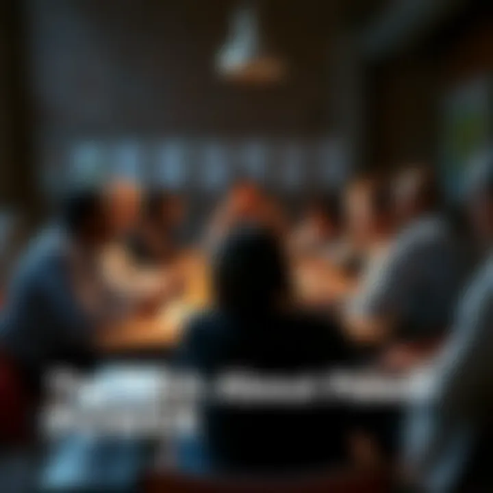 A group of diverse people discussing issues of poverty, education, and health while sitting around a table with papers and laptops