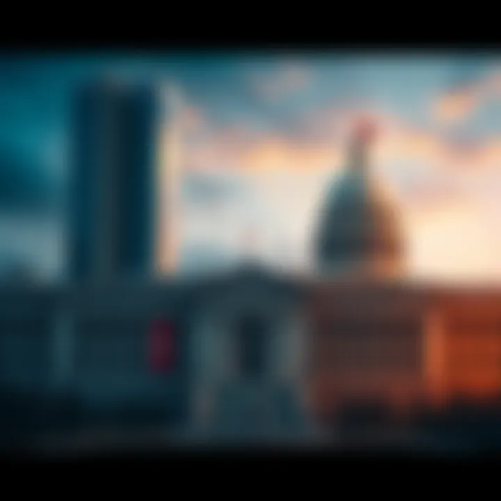 Power Structure in Society A visual representation of capitalism and communism, showing a corporate building on one side and a government building on the other, symbolizing elite control over the masses.