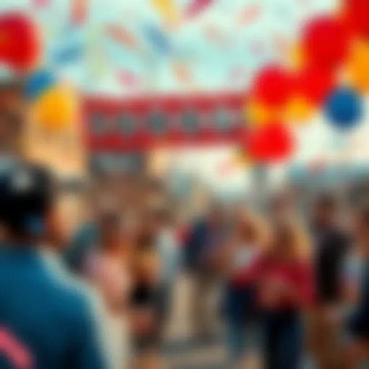 A joyful small-town community celebrating a Powerball win with confetti and balloons, highlighting local winners from small cities.