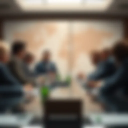 A group of influential people in a boardroom discussing global events, with a world map in the background.