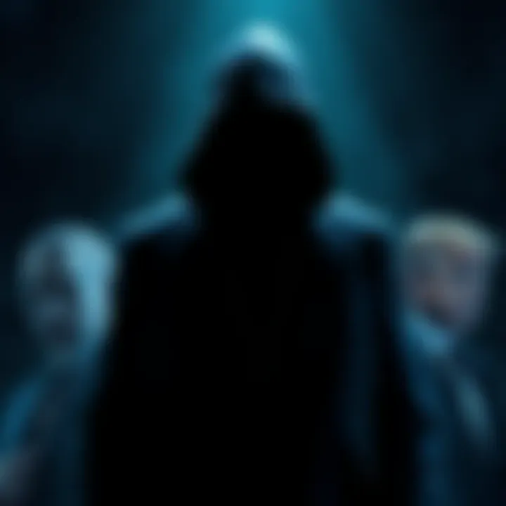 A shadowy figure representing hidden influences in Hollywood alongside iconic images of Diddy and Epstein.