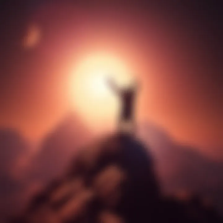 A person standing strong on a mountain peak, arms raised in victory, symbolizing courage and discipline.