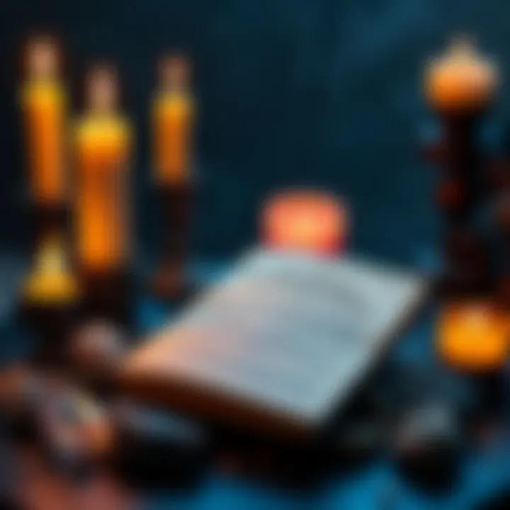 An arrangement of candles, crystals, and a book on Hermetic ideas, symbolizing practical magik practices.