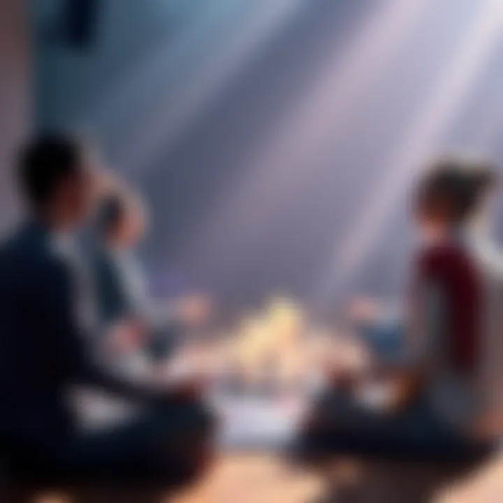 A group of people sitting in a circle, sharing initials and practicing their intuitive skills, focused and engaged in meditation.