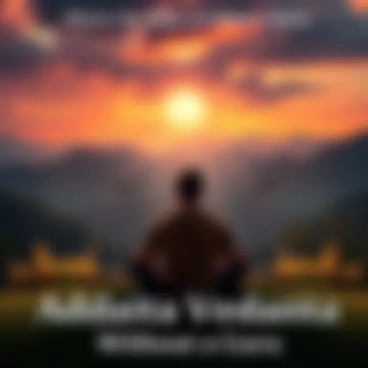 A person sitting in a peaceful setting, meditating with a serene expression, symbolizing self-discovery in Advaita Vedanta.