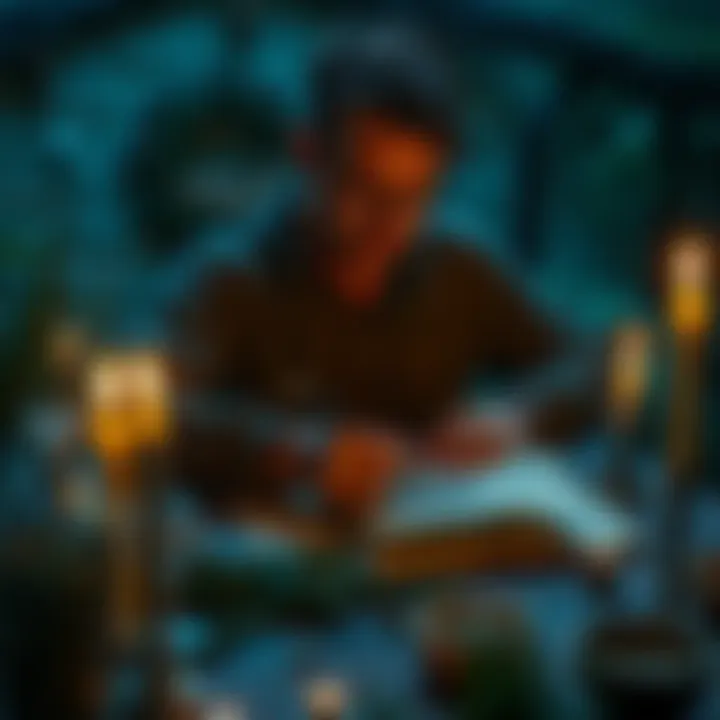 A person sketching magical symbols on parchment while surrounded by candles and herbs, focusing on creating protective wards.