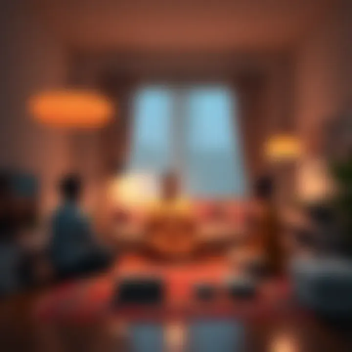 A person practicing sadhana in a small living room while family members are nearby, showing the challenge of maintaining privacy.
