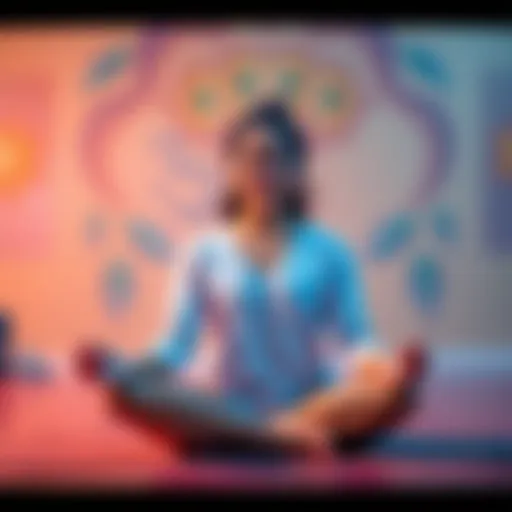 A person practicing Shambhavi Mudra with a calm expression, sitting cross-legged on a yoga mat, surrounded by a serene environment.