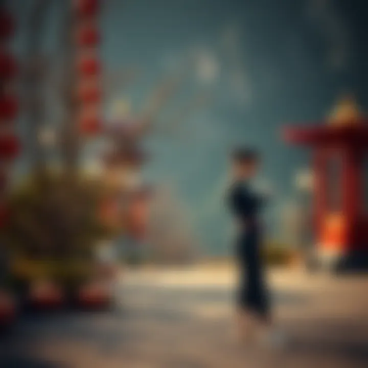 Person practicing zhan zhuang stance outdoors, focused on deep breathing with hands on the dantian area.