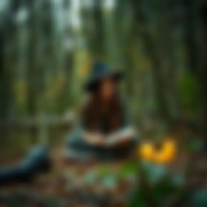 A witchcraft practitioner sits in a forest, reflecting on their beliefs with a journal and candles around them.