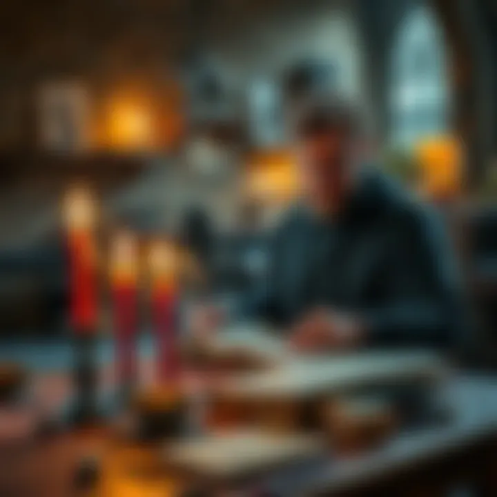 A person practicing Lesser Magic with candles and spell books on a table