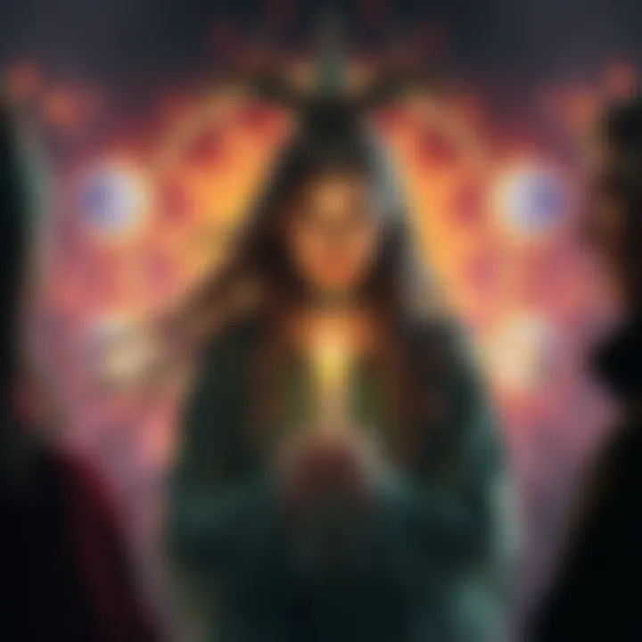 A young witch holding a candle, surrounded by symbols of Loki and Hecate, sharing insights with others