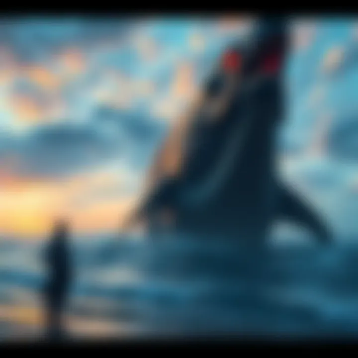 A person standing by the ocean representing a practitioner in a deep connection with Lord Leviathan, a large sea creature looming in the water.