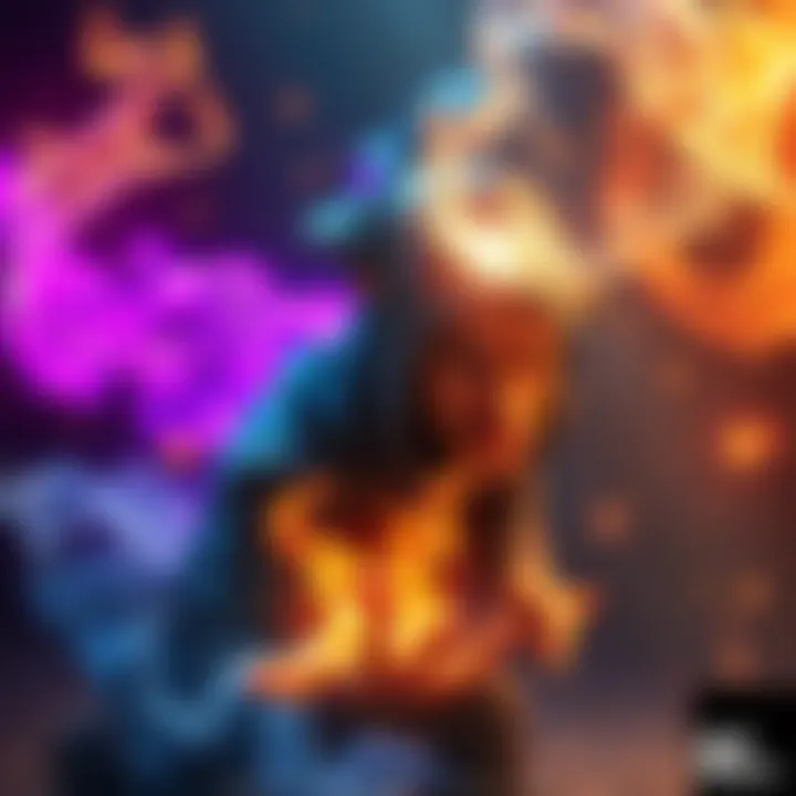 A magic practitioner focused on harnessing elemental energies in a vibrant setting, surrounded by swirling elements like fire and water, showcasing their skills in energy materialization.