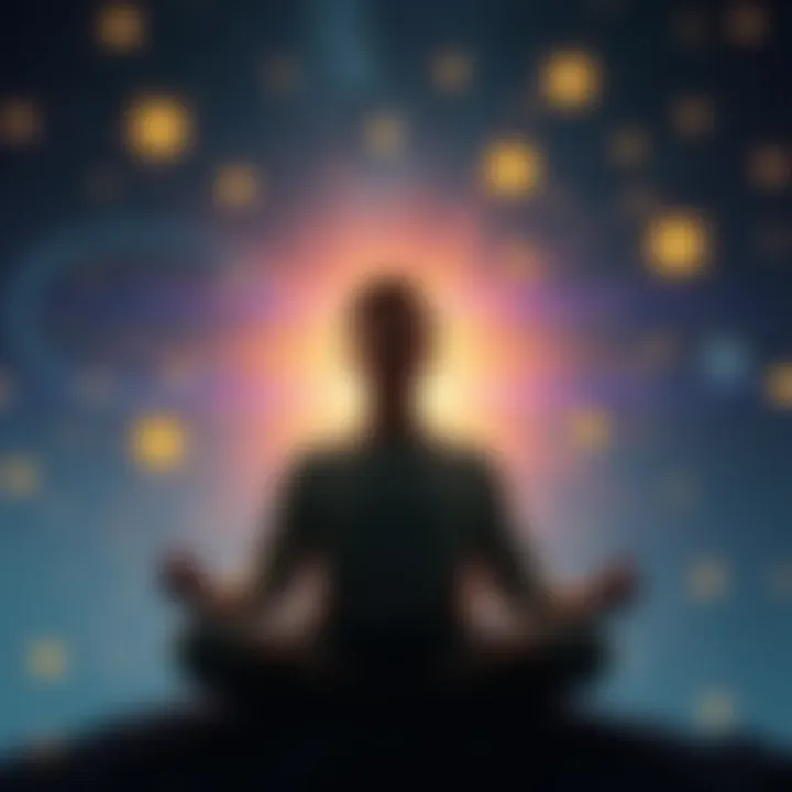 A person meditating with their eyes closed, surrounded by glowing stars and gentle swirls of energy, reflecting on their daily magick practices.