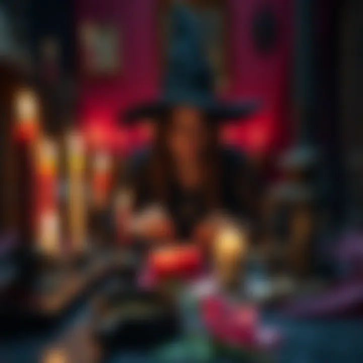 A novice witch surrounded by candles and herbs, focused on preparing a hex for a friend's groomer.