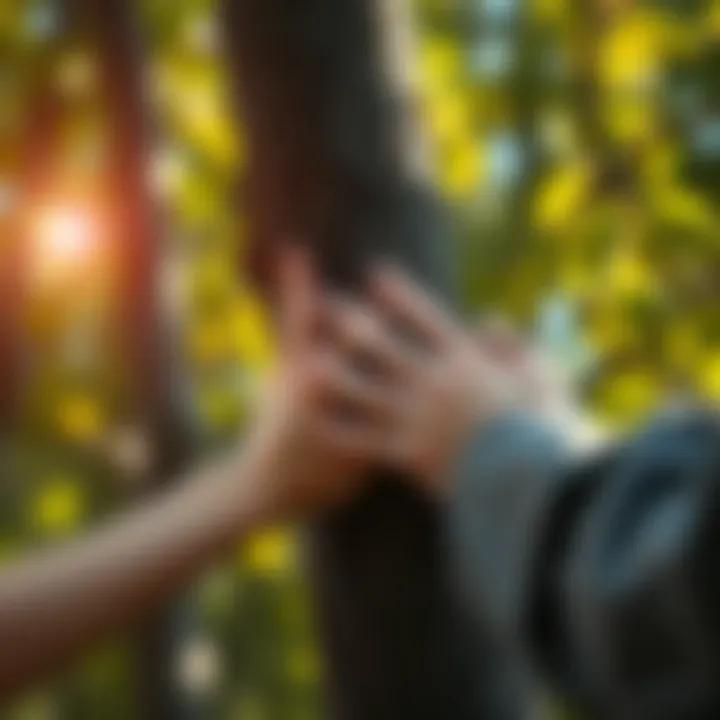 A person with hands gently placed on a tree trunk, practicing reiki to promote healing and energy transfer to the tree