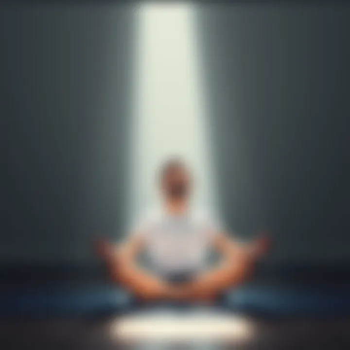 A person sitting cross-legged, eyes closed, surrounded by soft light, practicing visualization techniques for self-transformation.