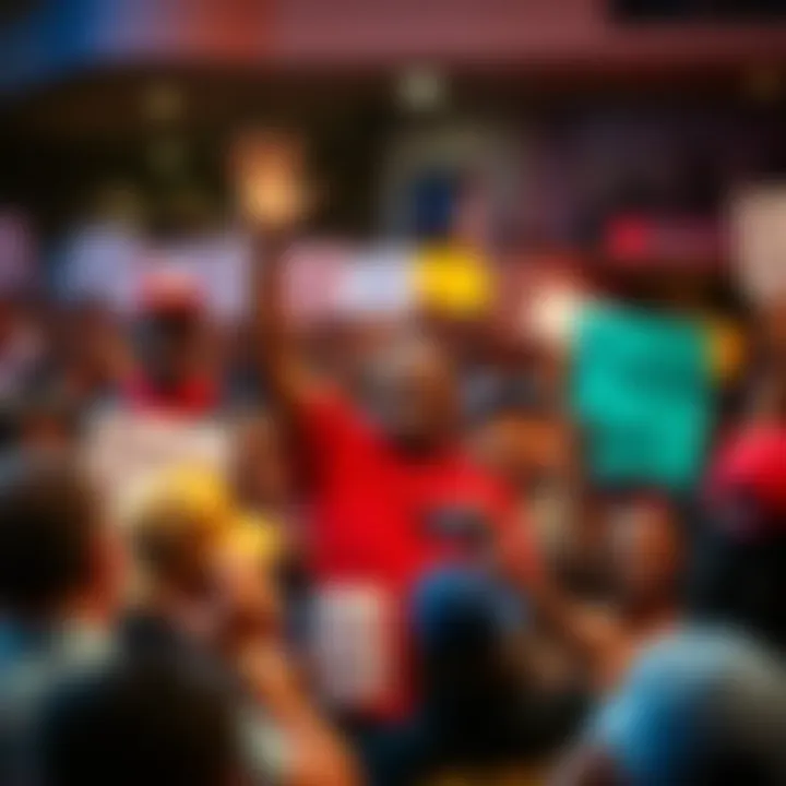 A vibrant community gathering celebrating Praise Bob with people holding signs and smiling.