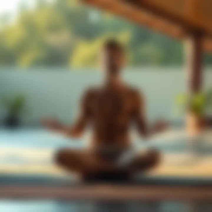 Individual sitting cross-legged, focusing on their breath during pranayama practice in a serene environment.
