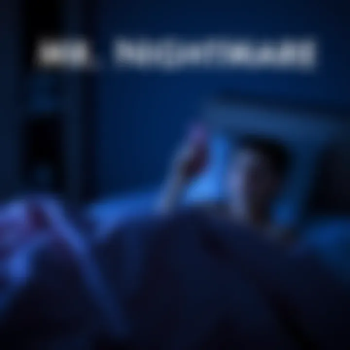 Person receiving a prank call at night A person sitting up in bed, looking shocked while holding a phone, with a dark bedroom background that suggests a sense of fear.