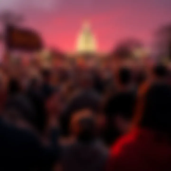 People gathered at the National Gathering for Prayer and Repentance in Washington, holding hands in prayer, with banners and religious symbols present.