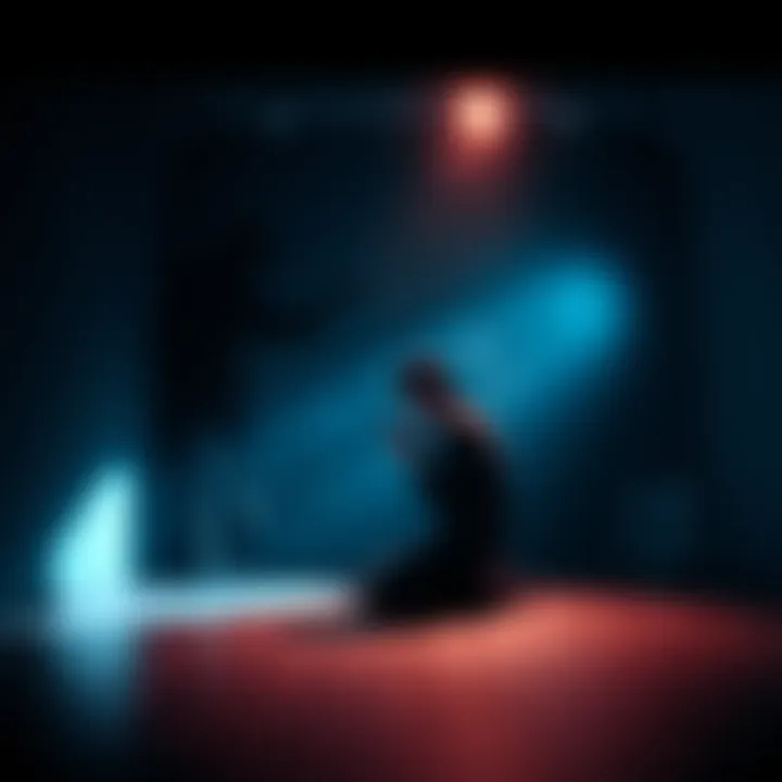 A person kneeling in prayer, looking distressed, with a shadowy figure in the background representing a controlling presence