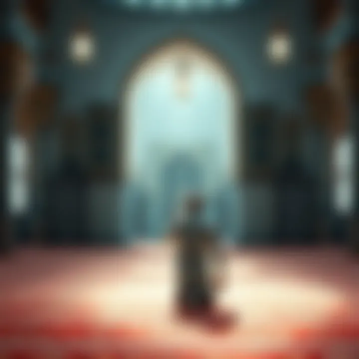 A person in traditional attire praying inside a mosque, with soft light illuminating the prayer area.