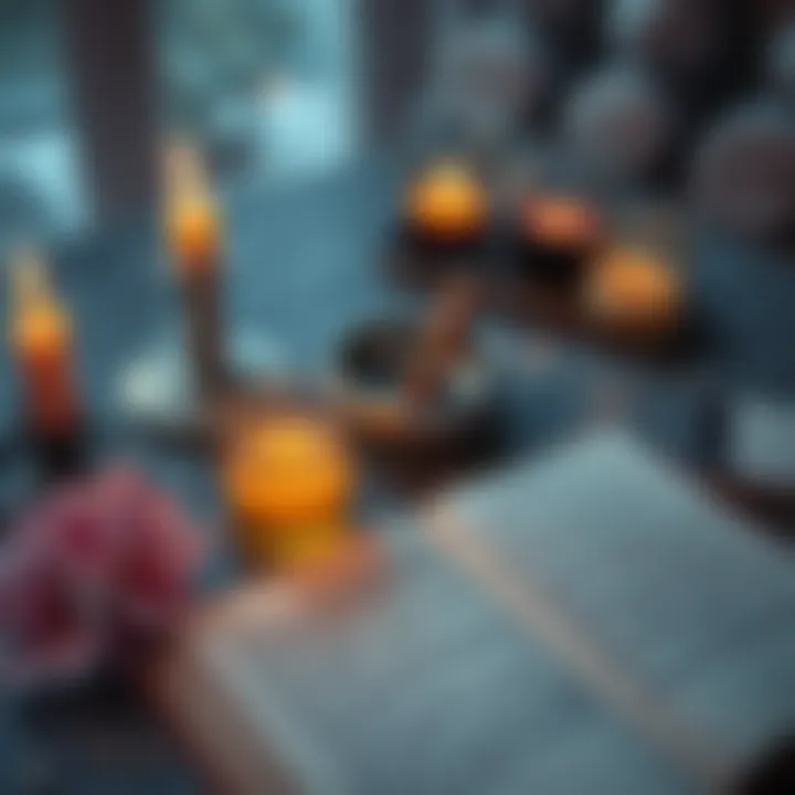 A serene setting with candles, a small bowl for libations, and a journal open to a page with handwritten thoughts on spirituality.