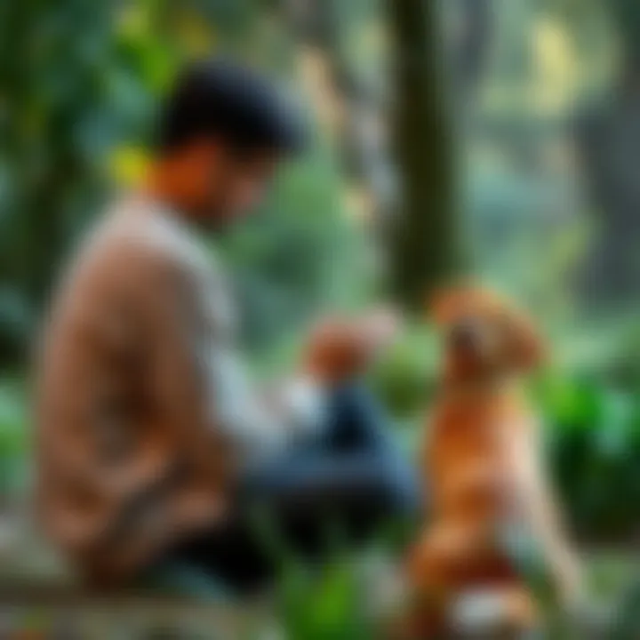 A person sits in a peaceful setting, praying with Pretzel, a curious dog, attentively beside them, surrounded by greenery.