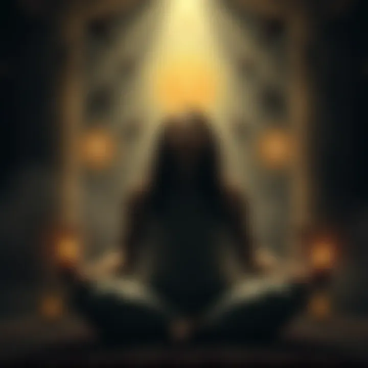 A person meditating in a serene setting, surrounded by symbols representing various archetypes, with soft light illuminating their face.