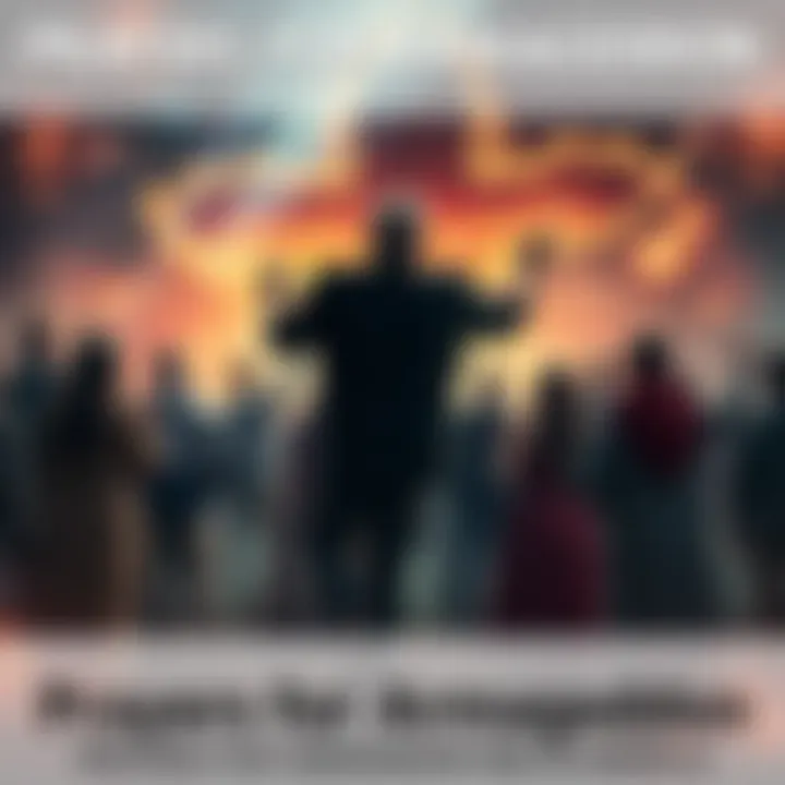 A group of religious fanatics gathered in prayer, holding hands and looking towards the sky, surrounded by symbolic images of the end times.