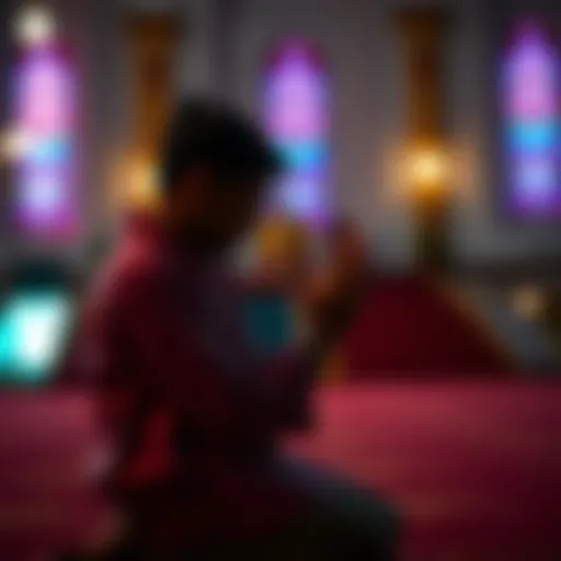 Individual kneeling with hands clasped, praying in Portuguese during a serene moment of reflection