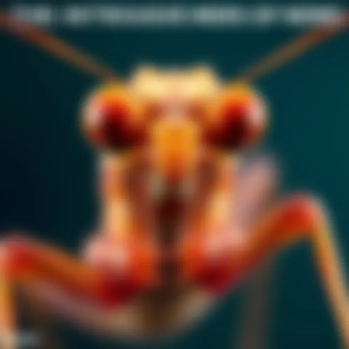 Close-up of a praying mantis with intense eyes, showing its unique vision and focus.