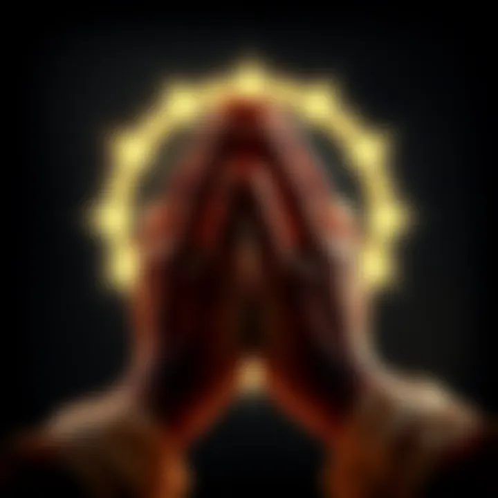 A pair of hands clasped in prayer with a soft, glowing light surrounding them, symbolizing spiritual connection and hope.