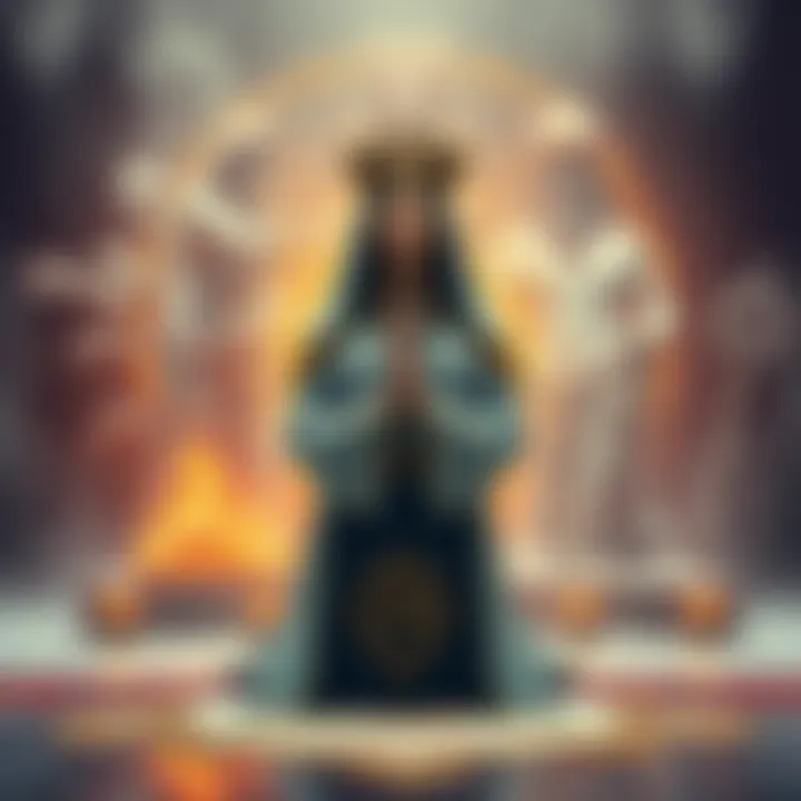 A person kneeling in prayer with symbols of various gods like Hera, Zeus, and Apollo around them, showing devotion to multiple deities.